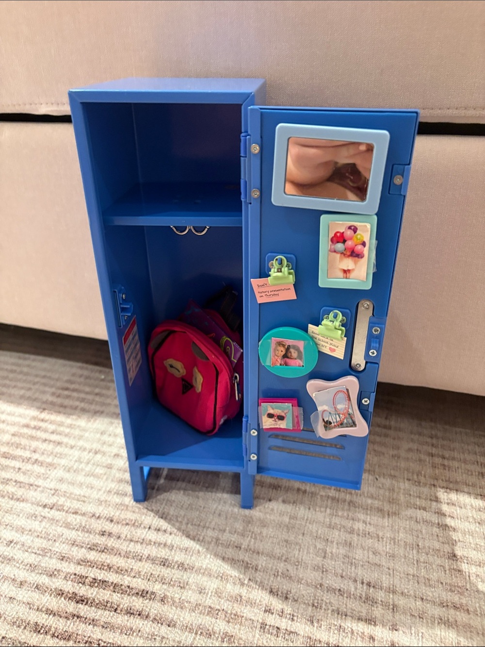 American Girl Blue Doll Locker with Pink Backpack and Stickers